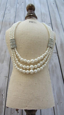 Multi Row Pearl and Rhinstone Necklace - 298214