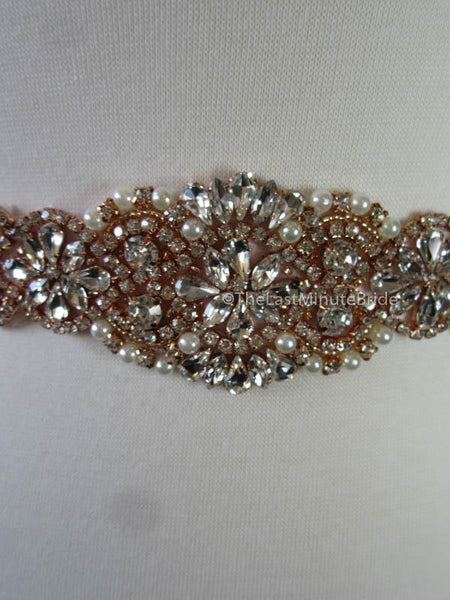 Crystal, Rhinestone & Pearl Bridal Belt Style: Miami, 17 inches, Rose Gold Crystal, Rhinestone & Pearl Bridal Belt Style: Miami, 17 inches, Rose Gold