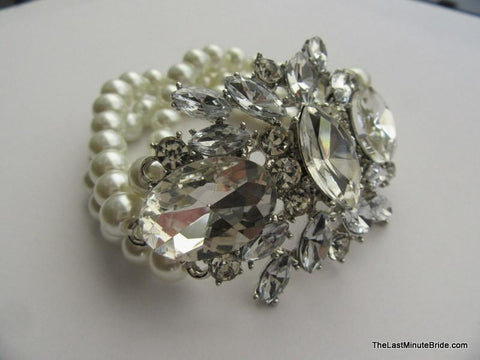 Multi Strand Pearl and Crystal Bridal Bracelet