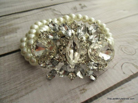 Multi Strand Pearl and Crystal Bridal Bracelet