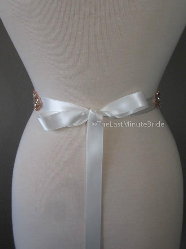 Rose Gold Applique Opal Bridal Belt with Pearl & Crystal Accents on Ivory Ribbon 4615BT-I-RG